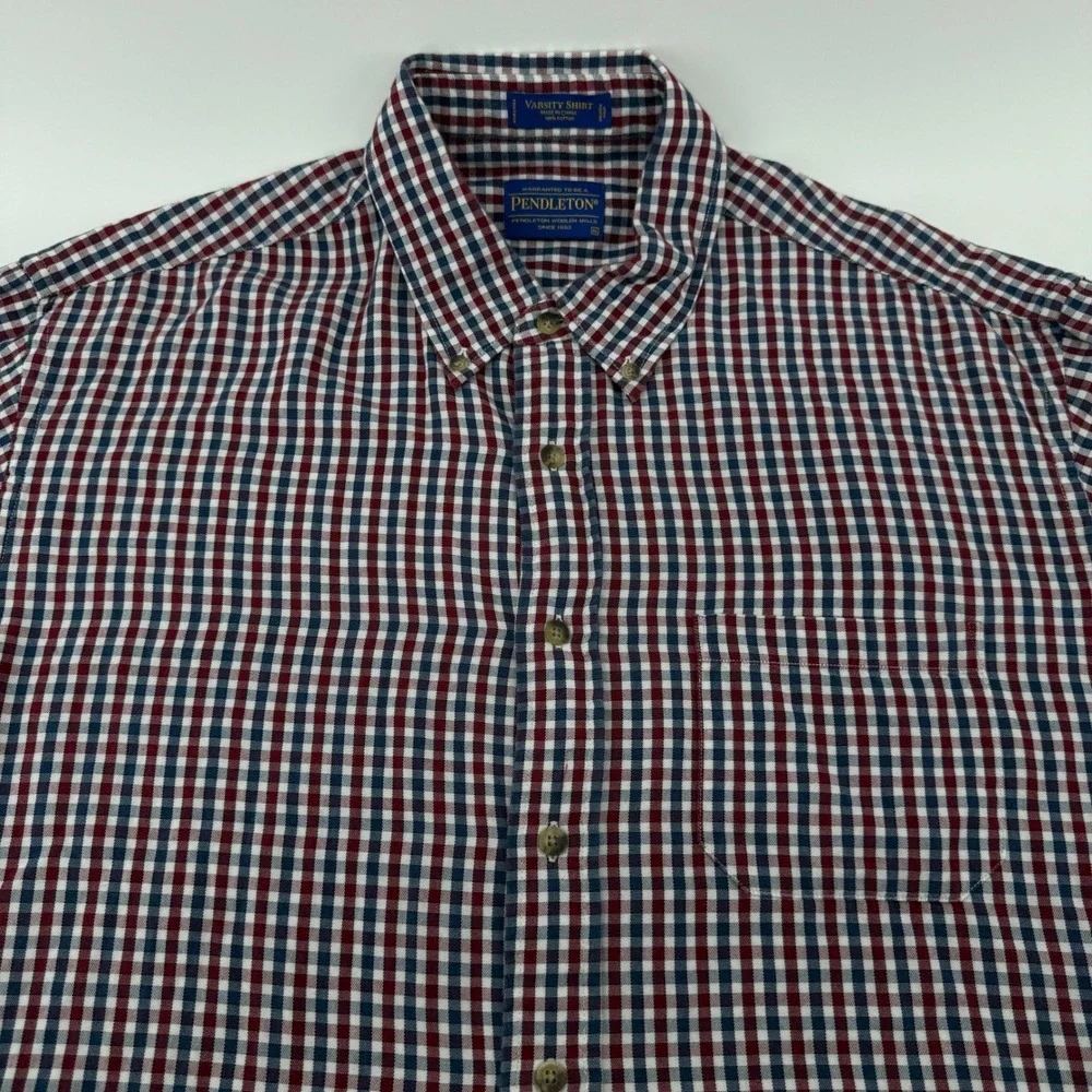 Pendleton Button Down Mens XL Navy Red Gingham Cotton Varsity Shirt
